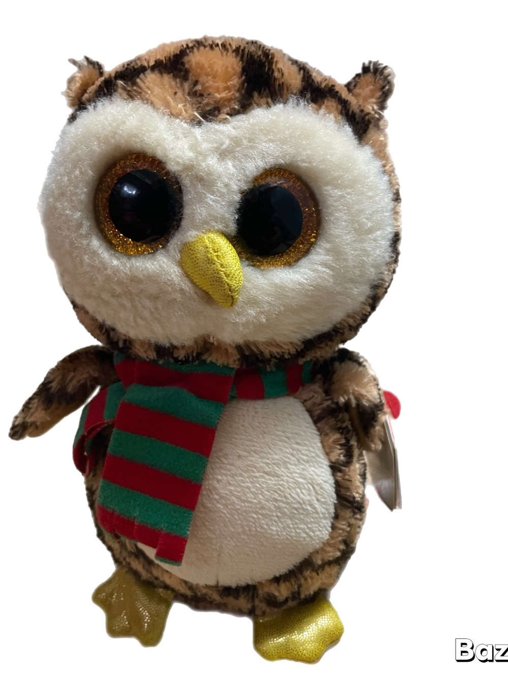 Ty Beanie Boo Wise Brown Owl Plush Red Green Scarf Glitter Eyes New w/ Tags